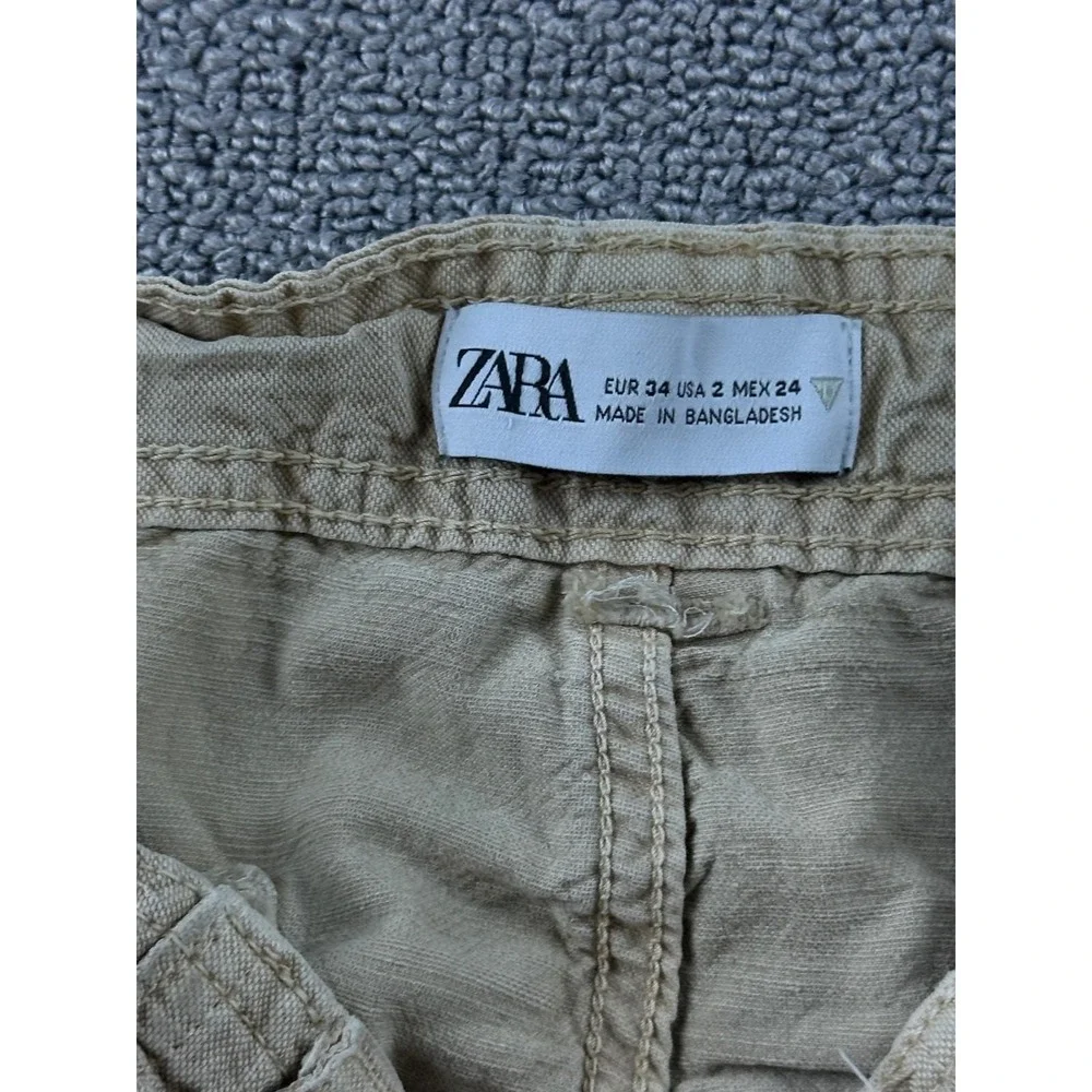 Y2K Zara Cargo Pants Women 2 Tan Relaxed Linen Wide-Leg Streetwear Utility 00s